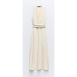 Zara Satin-effect Cream Crossover Maxi Dress V-Neck Semi Sheer Small